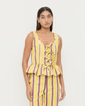 Pilar Tie-Front Top in yellow and brown striped cotton linen fabric and Pasha Pant in yellow and brown striped cotton linen fabric.