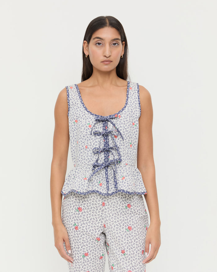 Pilar Tie-Front Top in white floral cotton-linen and Pasha Trouser in white floral cotton-linen.