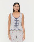 Pilar Tie-Front Top in white floral cotton-linen and Pasha Trouser in white floral cotton-linen.