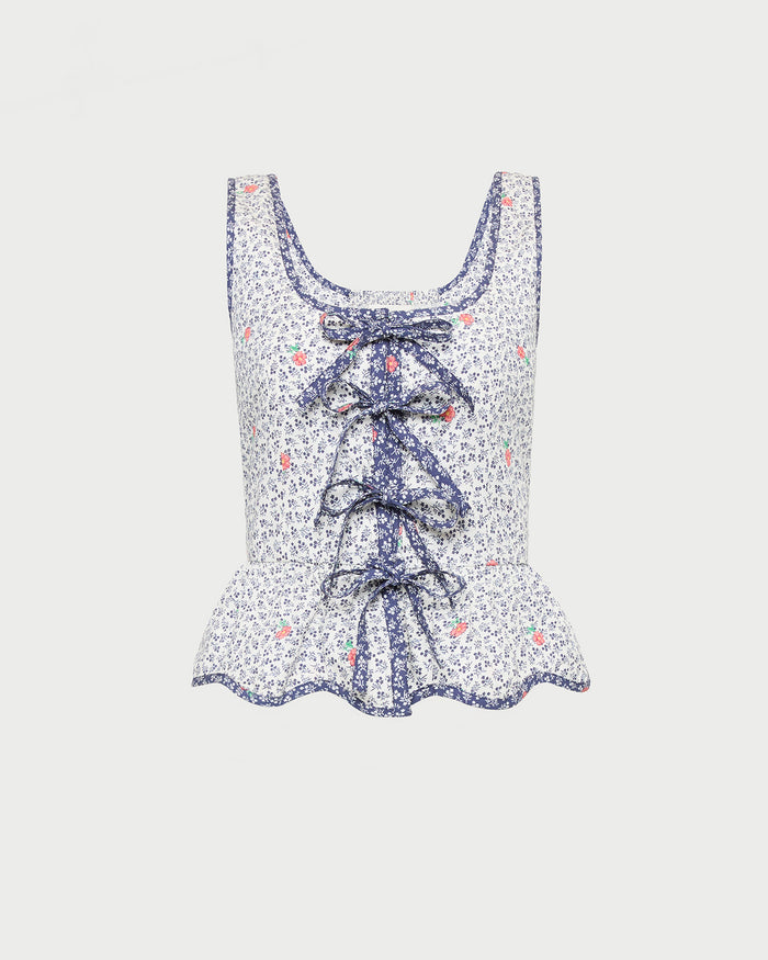 Pilar Tie-Front Top in white floral cotton-linen.