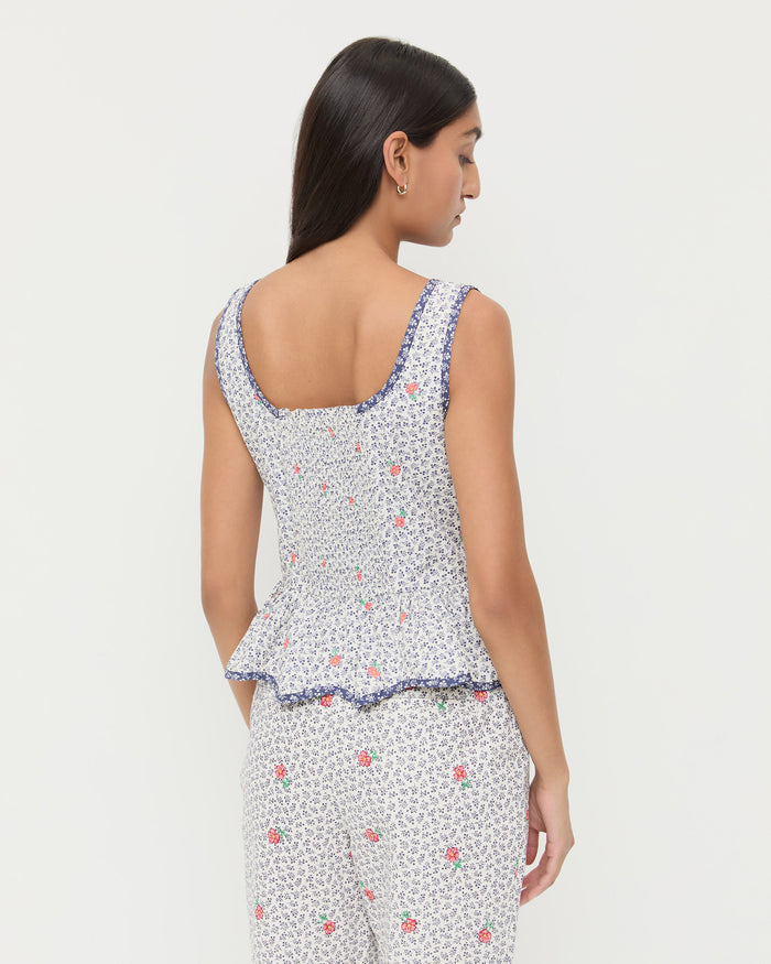 Pilar Tie-Front Top in white floral cotton-linen and Pasha Trouser in white floral cotton-linen.