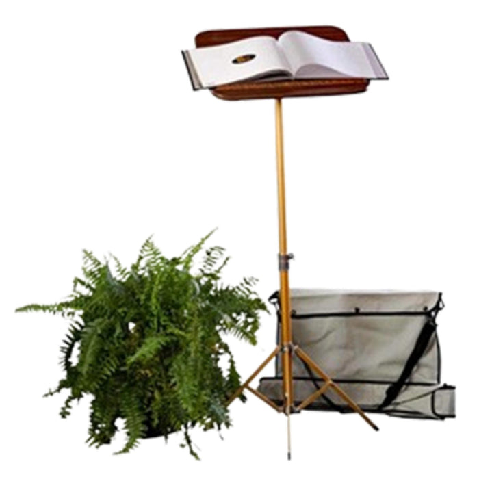 Portable pedestal register stand with non-adjustable tripod base used in funeral service operations, from lynch supply