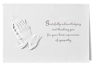 Praying hands acknowledgement card used in funeral service operations, from lynch supply