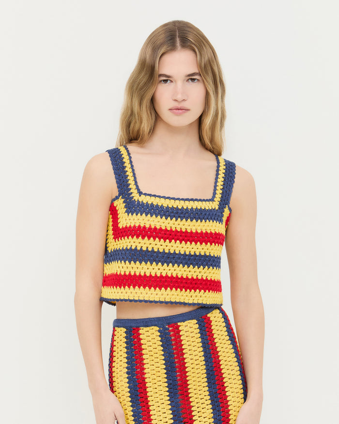 Prescott Crochet Top in yellow, red, and navy striped hand-crocheted cotton and Lela Crochet Skirt in yellow, red, and navy striped hand-crocheted cotton.
