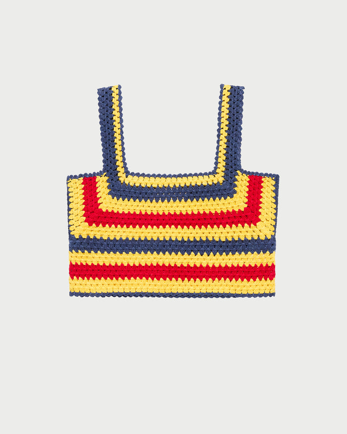 Prescott Crochet Top in yellow, red, and navy striped hand-crocheted cotton.