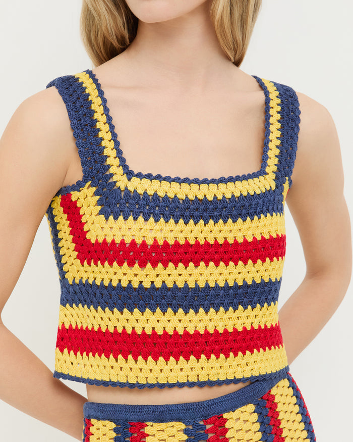 Prescott Crochet Top in yellow, red, and navy striped hand-crocheted cotton.