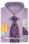 Purple and white bold stripe French cuff dress shirt with tie, cuff links and pocket square