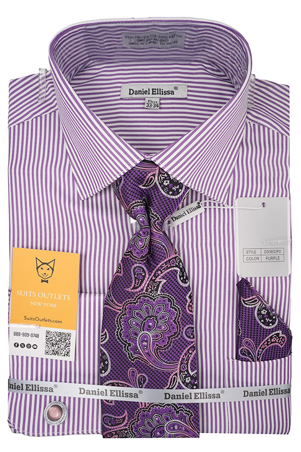 Purple and white bold stripe French cuff dress shirt with tie, cuff links and pocket square