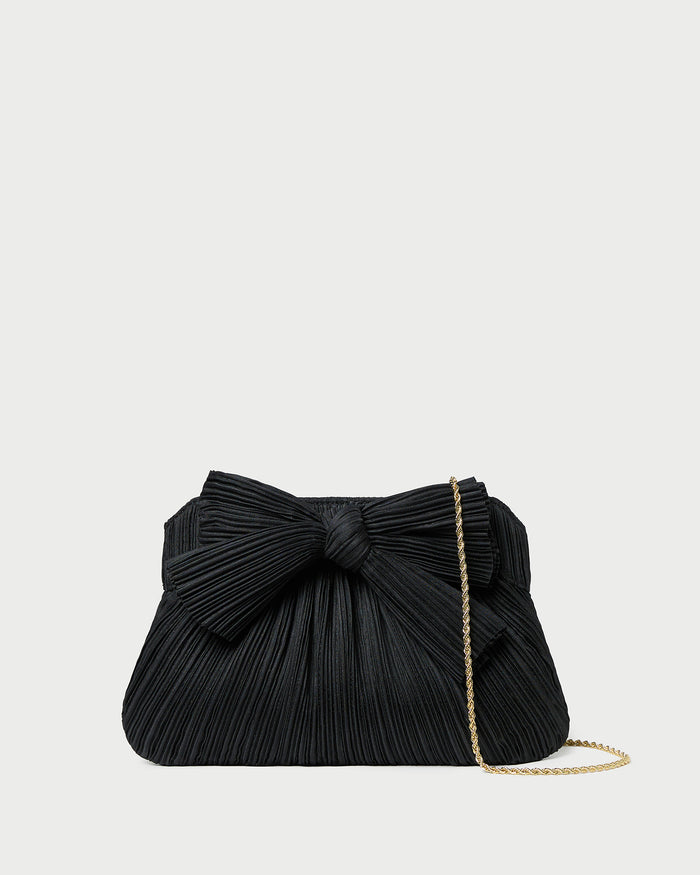 Rayne Black Bow Clutch in black pleated organza fabric.