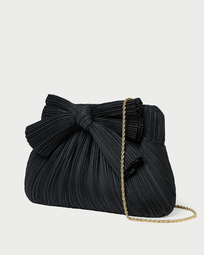 Rayne Black Bow Clutch in black pleated organza fabric.