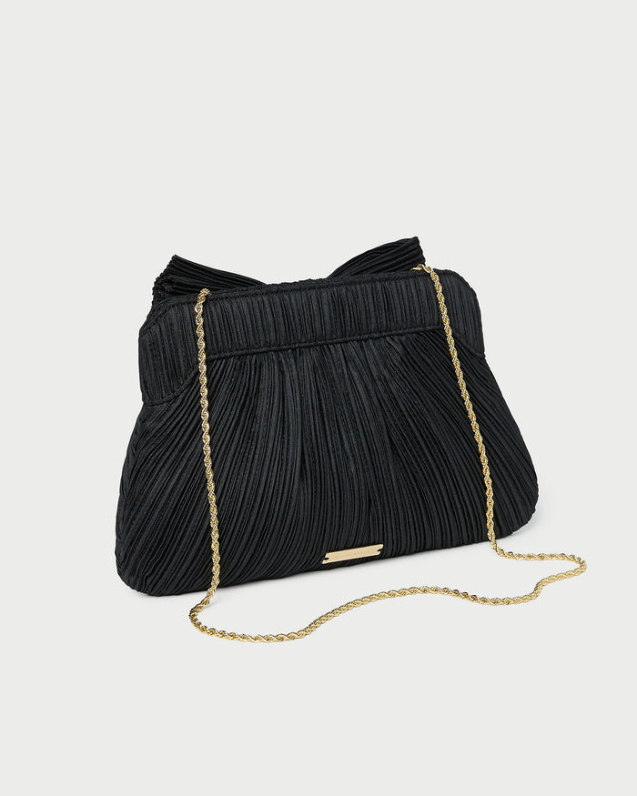 Rayne Black Bow Clutch in black pleated organza fabric.