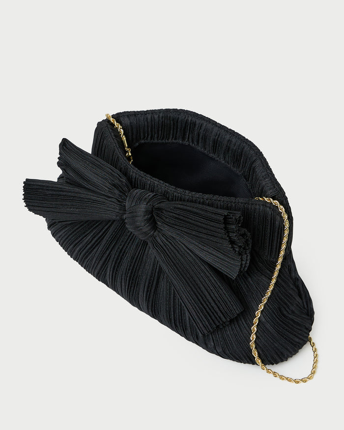 Rayne Black Bow Clutch in black pleated organza fabric.