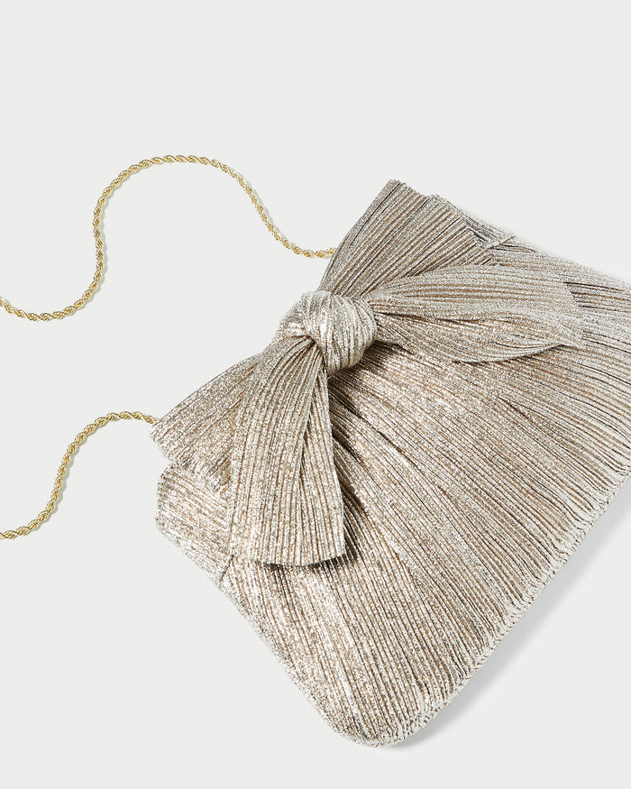 Rayne Champagne Bow Clutch in champagne Italian lamé