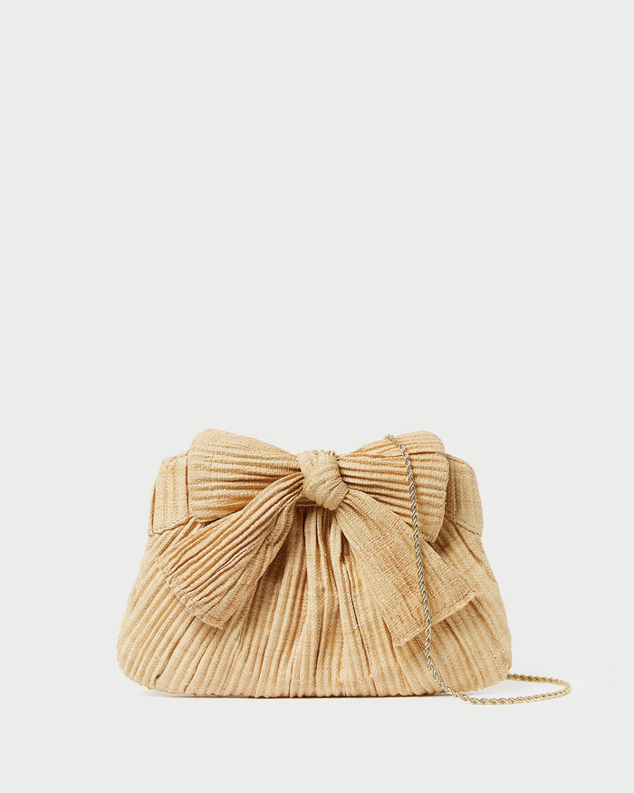 Rayne Natural Bow Clutch in pleated natural straw.