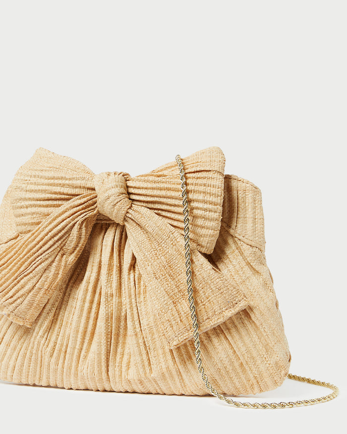 Rayne Natural Bow Clutch in pleated natural straw.