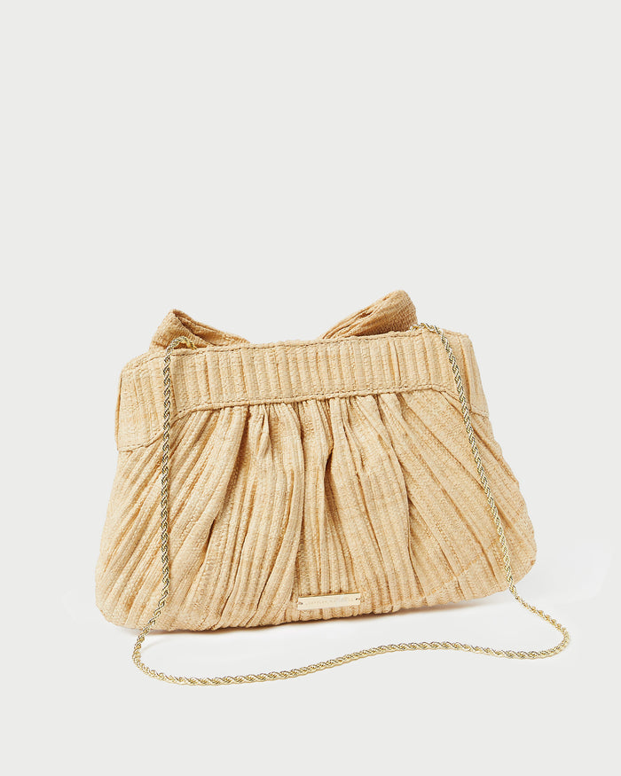 Rayne Natural Bow Clutch in pleated natural straw.
