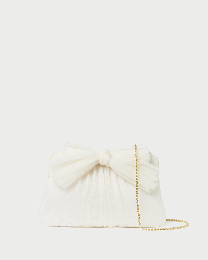 Rayne Pearl Bow Clutch in pearl fabric
