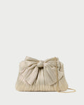 Rayne Platinum Bow Clutch in platinum champagne lamé.