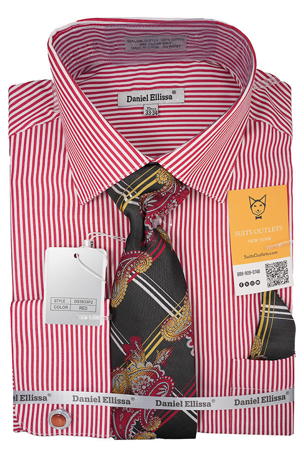 Red and white bold stripe French cuff dress shirt with tie, cuff links and pocket square