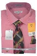 Red and white bold stripe French cuff dress shirt with tie, cuff links and pocket square