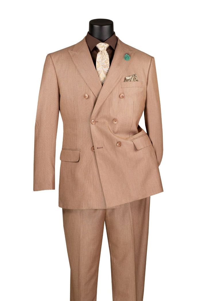 Close-up of solid Mocha Double Breasted Sharkskin suit jacket buttons, tie, collar, pocket on white background.
