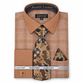 Regular Fit Plaid French Cuff Dress Shirt Set - Brown