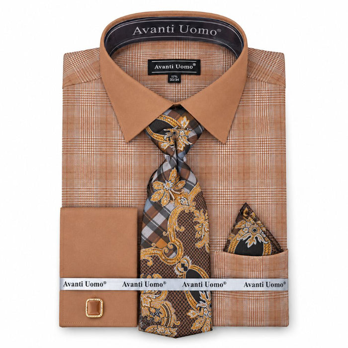 Regular Fit Plaid French Cuff Dress Shirt Set - Brown
