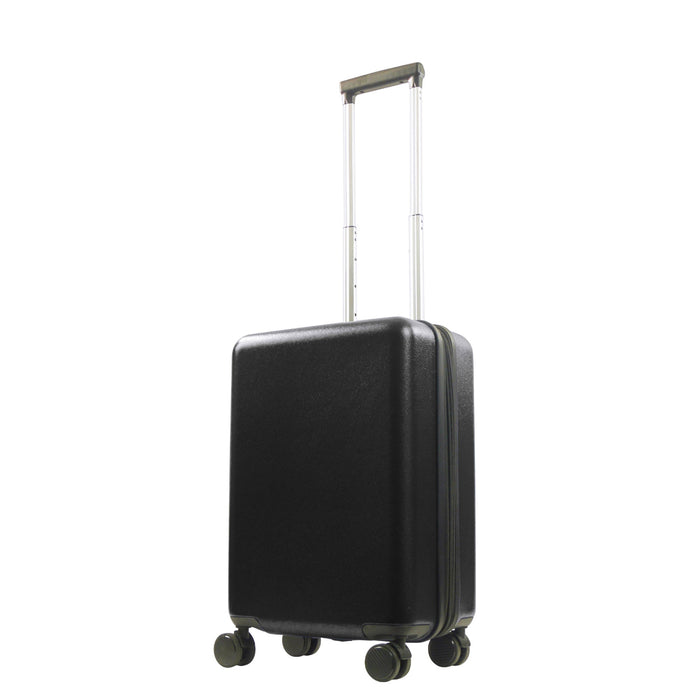 REVOLUTION 22.5" black carry-on luggage spinner suitcase. This sleek and durable carry-on features a hard-shell exterior to protect your essentials.