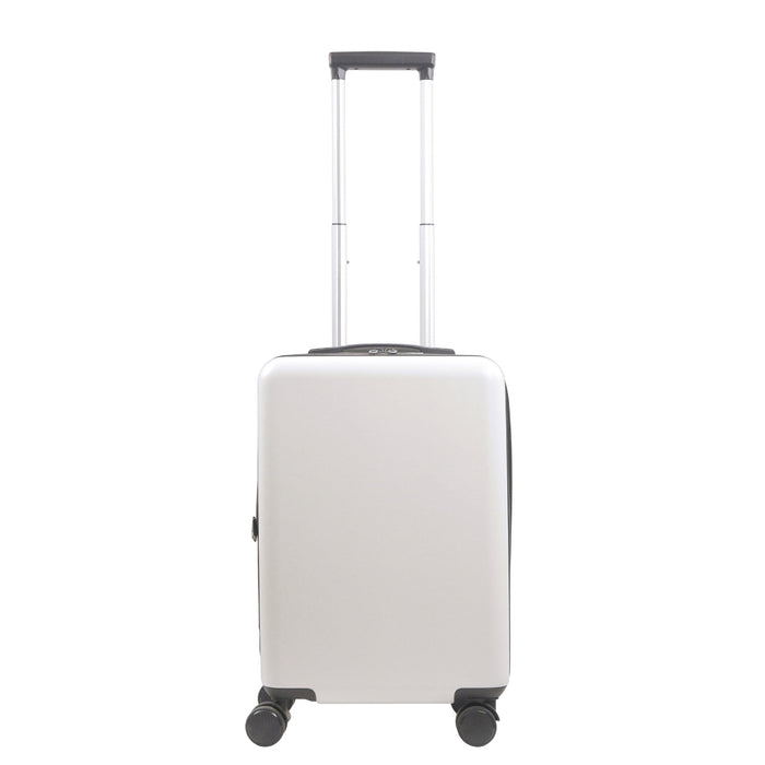 REVOLUTION 22.5" white carry-on luggage spinner suitcase. This sleek and durable carry-on features a hard-shell exterior to protect your essentials.