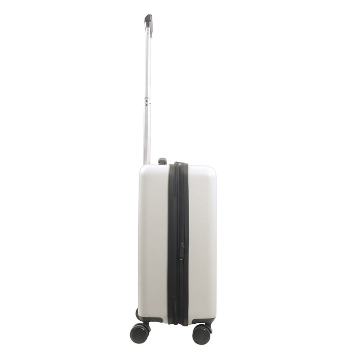 REVOLUTION 22.5" white carry-on luggage spinner suitcase. This sleek and durable carry-on features a hard-shell exterior to protect your essentials.