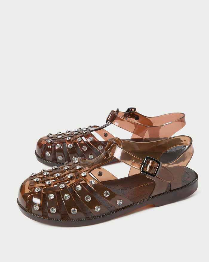 Rhys Brown Jelly Sandal in brown jelly material with crystal accents.