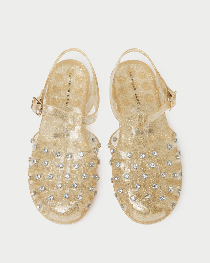 Rhys Champagne Jelly Sandal in champagne sparkly jelly material with crystal accents.