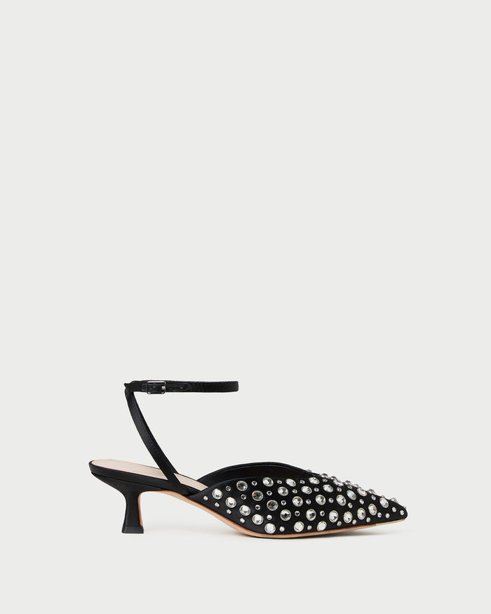 Rio Black/Crystal Kitten Heel in black satin with crystal accent.