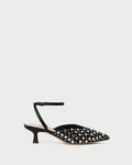 Rio Black/Crystal Kitten Heel in black satin with crystal accent.