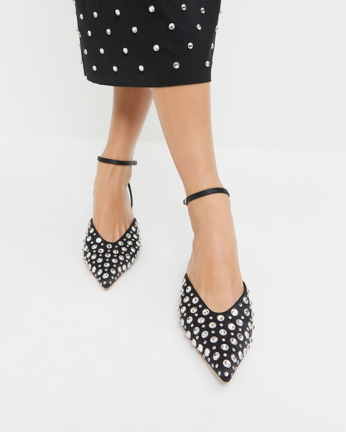 Rio Black/Crystal Kitten Heel in black satin with crystal accent and Nuri Dress in black nylon mesh with crystal accent.