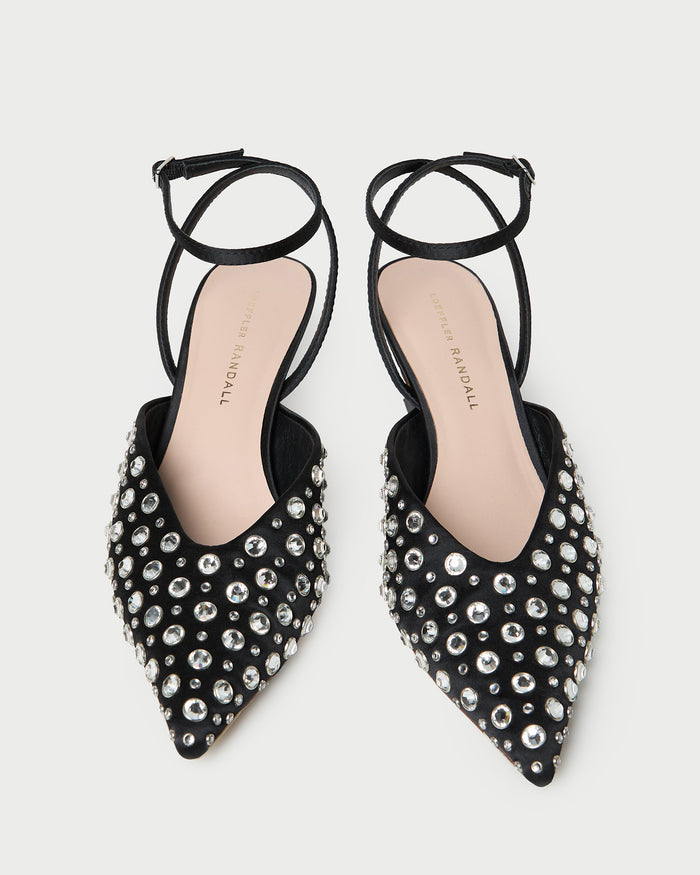 Rio Black/Crystal Kitten Heel in black satin with crystal accent.