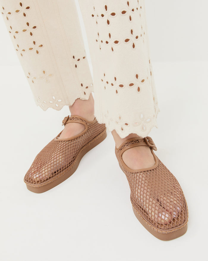 Rita Brown Netted Mary Jane in brown netted mesh and Demi Embroidered Pant in natural cotton.