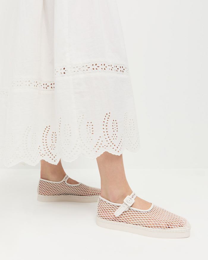 Rita White Netted Mary Jane in white mesh and Thelma Eyelet Dress in cream cotton.