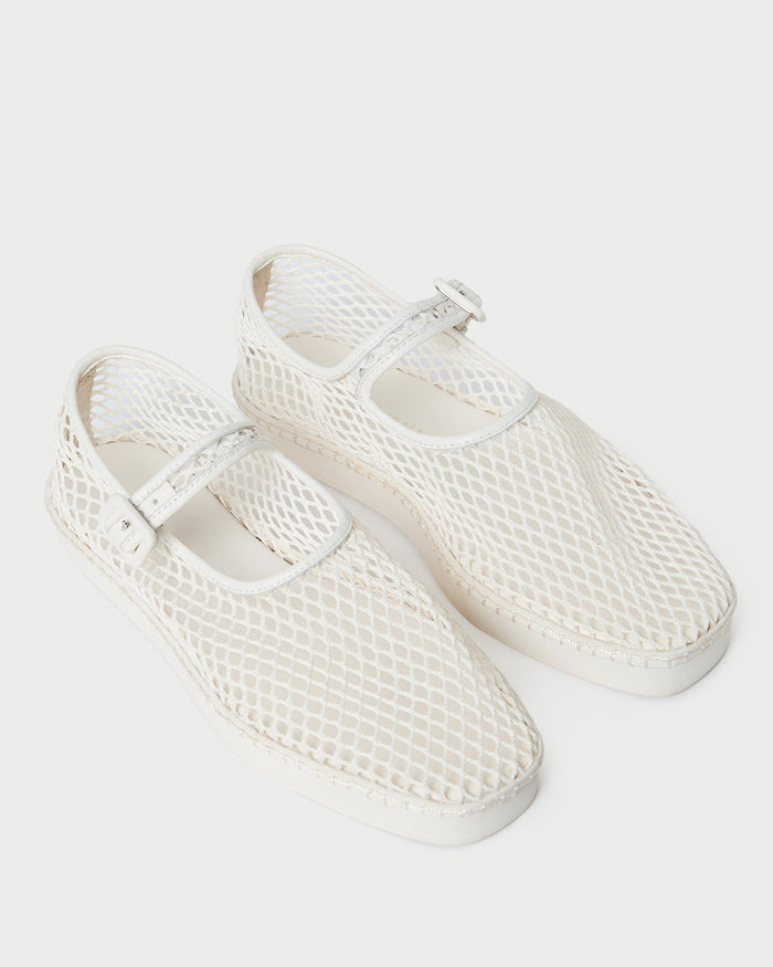 Rita White Netted Mary Jane in white mesh.