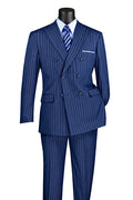 Rockefeller Collection - Double Breasted Stripe Suit Blue Regular Fit 2 Piece with Adjustable Waistband Pants