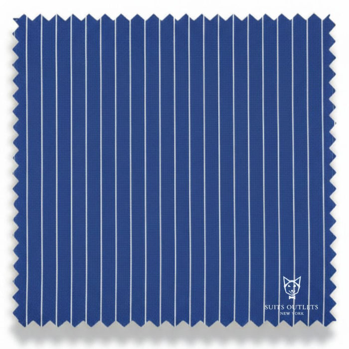Detailed close-up of the blue pinstripe fabric weave for the Rockefeller Collection Double Breasted Suit.