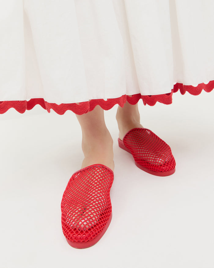 Roni Netted Slide in Red and Aimee Skirt in white cotton with red accent.