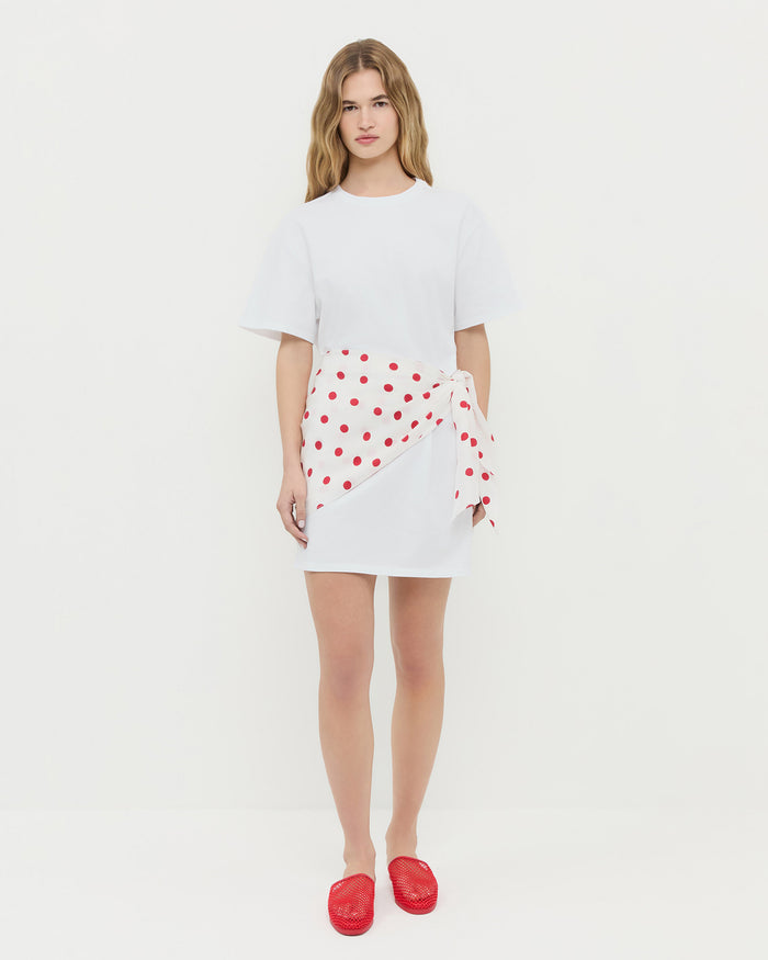 Rooney Scarf T-Shirt Dress in White with Red Polka Dots and Roni Red Netted Slide.