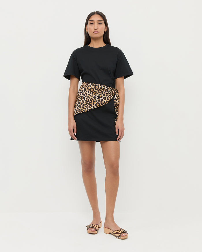 Rooney Scarf T-Shirt Dress in Black with Leopard and Paulie Zebra Studded Sandal.