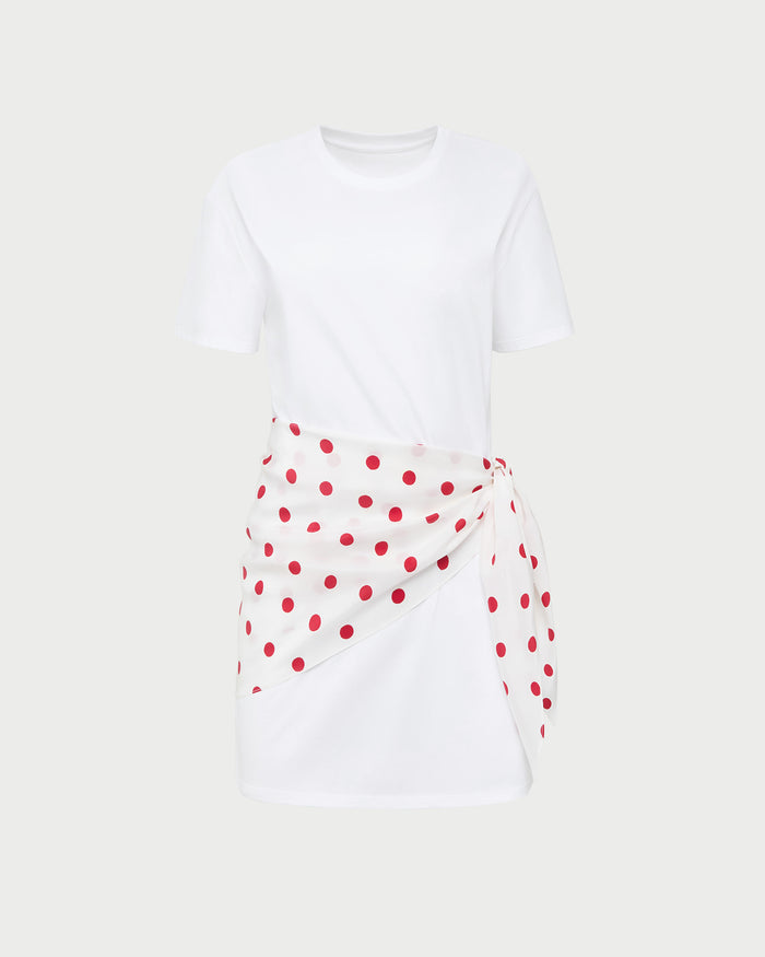 Rooney Scarf T-Shirt Dress in White with Red Polka Dots.