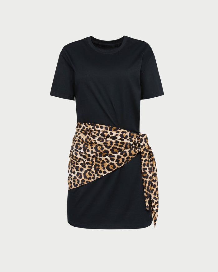 Rooney Scarf T-Shirt Dress in Black with Leopard.