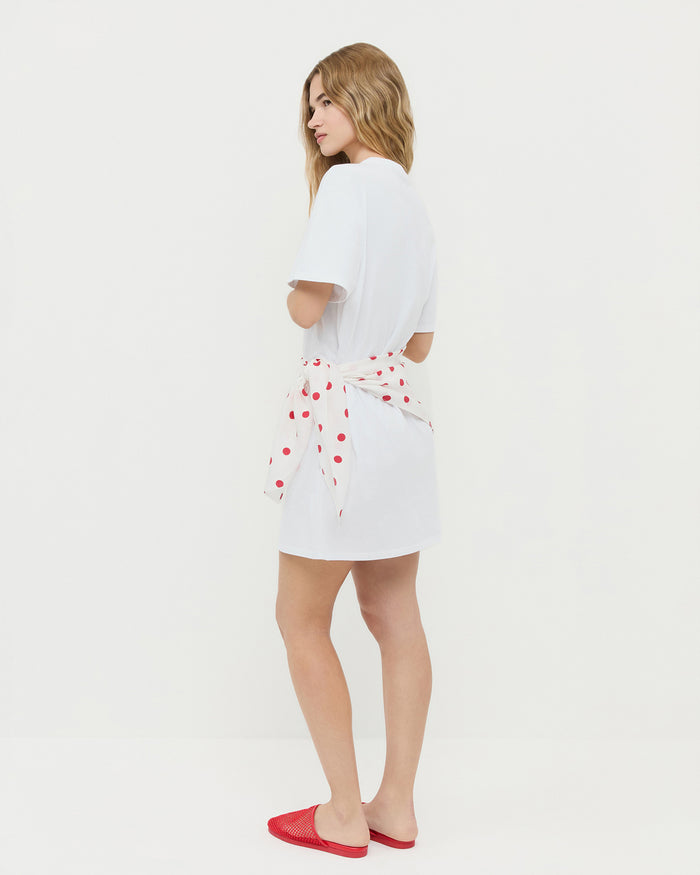 Rooney Scarf T-Shirt Dress in White with Red Polka Dots and Roni Red Netted Slide.