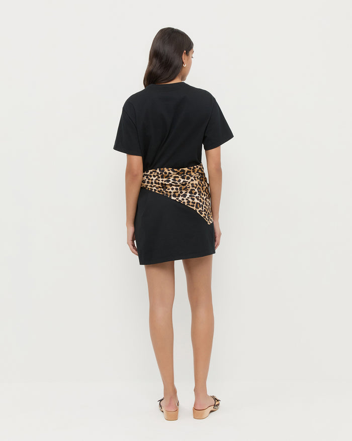 Rooney Scarf T-Shirt Dress in Black with Leopard and Paulie Zebra Studded Sandal.