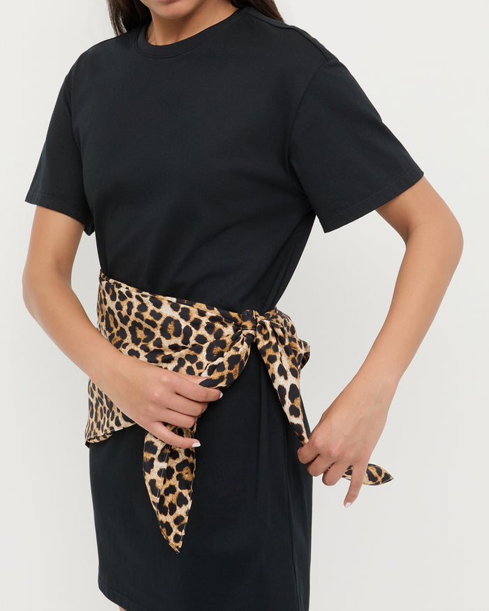 Rooney Scarf T-Shirt Dress in Black with Leopard.