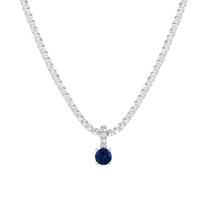 Round Cut Tennis Charm Pendant Vermeil White Gold Lab Grown Blue Sapphire